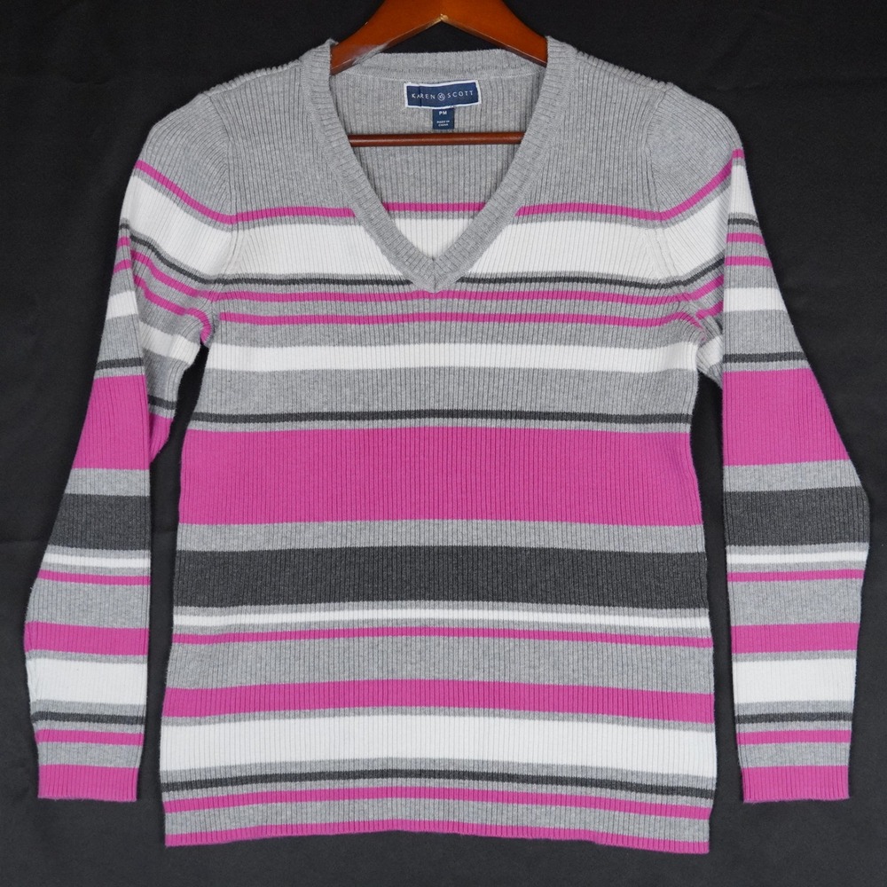 Karen Scott V-Neck Sweater Womens Petite Medium Pink Gray Striped Cotton Ribbed